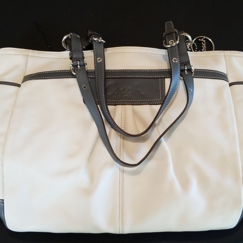 Coach pleat front purse, white and gray leather